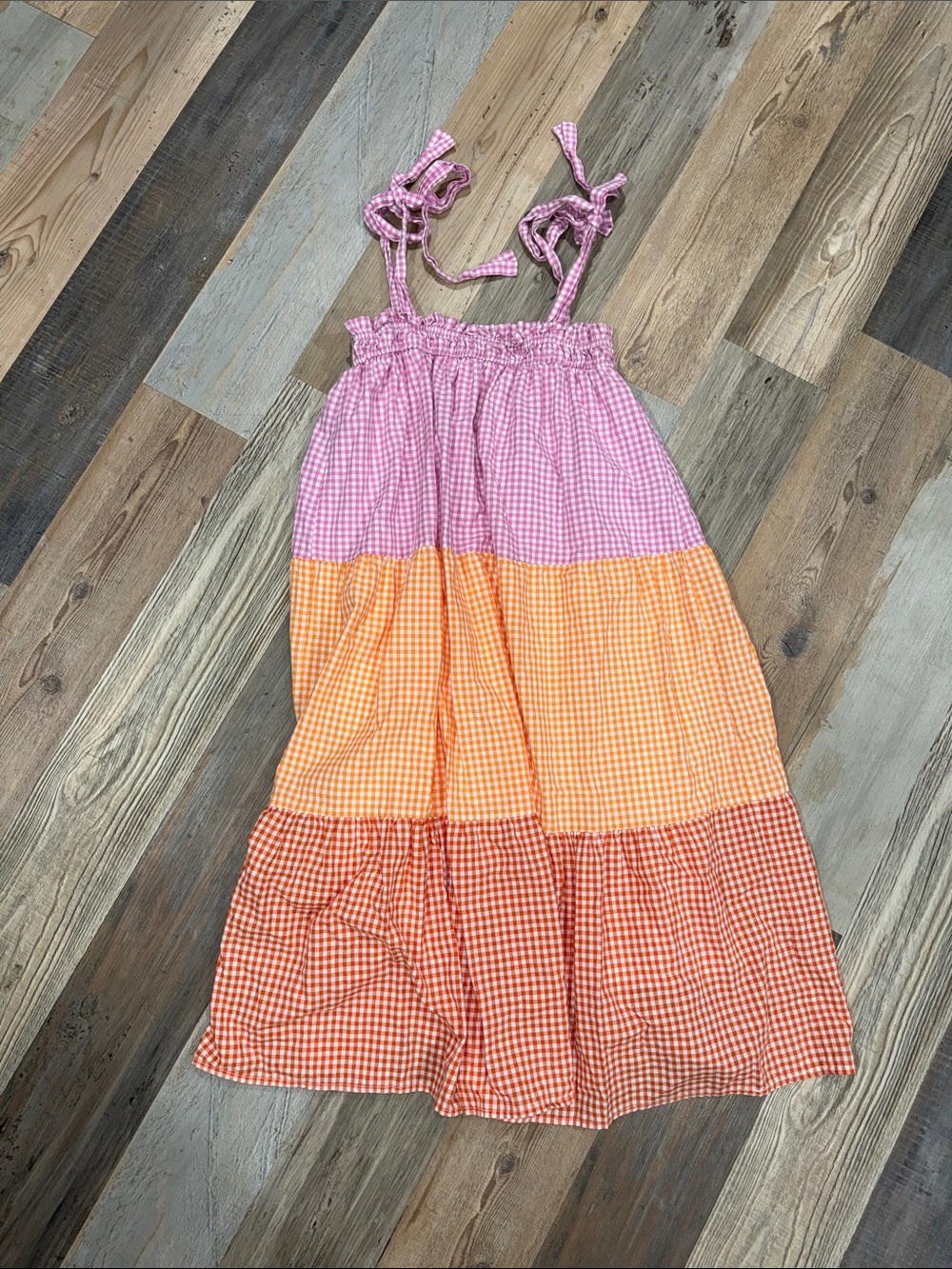 Gingham Tie-Shoulder Tiered Sundress in Pink and Orange